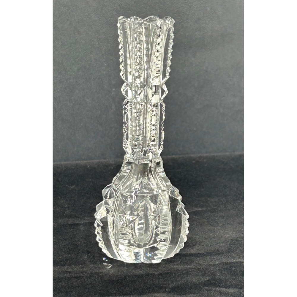Vintage Clear Pressed Glass Bud Vase Sawtooth Rim Geometric Pattern 4.25 Inch